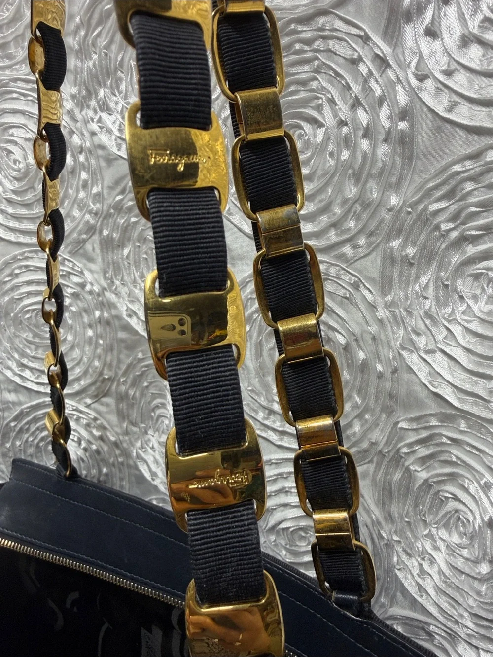 Salvatore Ferragamo Tiered Canvas & Leather Bag with Gold-tone Gancini Chain S